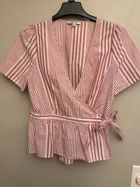 Madewell Red and White Striped Wrap Peplum Blouse